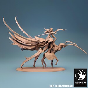 May include: A beige fantasy miniature depicting a warrior riding a stylized creature with large wings and curved blades. The figure is holding a sword. The base is oval. The text "PRE-SUPPORTED STL" is visible.