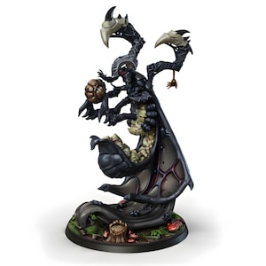 May include: A detailed figurine of a fantasy creature with a dark colour scheme. The figure has a black body, large wings, and a head with sharp features. It stands on a base with a forest-like setting, including mushrooms and a tree stump.