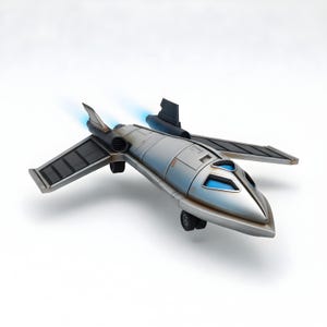 May include: A silver and black toy spaceship with blue accents. The spaceship has wings, a cockpit with blue windows, and a jet engine with a blue exhaust. The toy is on a white background.
