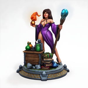 May include: A fantasy figurine of a woman in a purple dress holding a staff with a blue crystal and a flaming orb. The figurine is on a round base with a wooden chest, books, and potion bottles.
