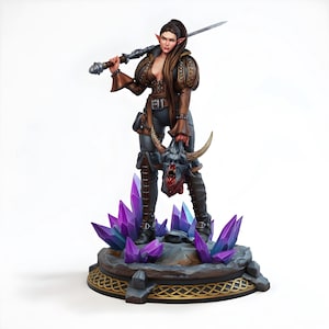 Female Elf Warrior Miniature | Battle Axe & Horned Skull Trophy on Crystal Base | DnD Pathfinder Fantasy RPG | Tabletop Resin Figure