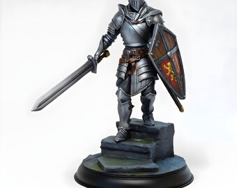 Miniatura de Cavaleiro Blindado com Espada e Escudo | Figura de Guerreiro Humano com Armadura de Placas | RPG de Fantasia D&D Pathfinder | Resina Impressa em 3D