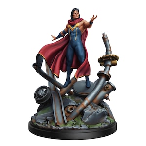 Könnte beinhalten: Eine Superheldenfigur mit rotem Umhang und blauem Anzug, die auf einem detaillierten, industriell gestalteten Sockel steht. Die Figur hat lange schwarze Haare und ist mit einem erhobenen Arm posiert. Der Sockel besteht aus Metallrohren, Zahnrädern und Trümmern.