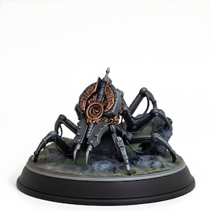 May include: A detailed, steampunk-style mechanical spider figurine. The sculpture features a metallic body with bronze and silver accents, intricate gears, and sharp, claw-like legs. It rests on a rocky base with a black circular stand.