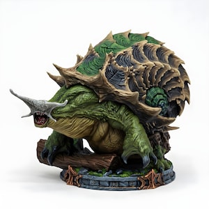 May include: A detailed fantasy figurine of a turtle-like creature with a green body, a spiky brown and green shell, and a menacing open mouth. The creature rests on a stone base with a wooden log.