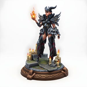 Horned Dragon Elf Sorceress Miniature | Armored Female Spellcaster with Flame | Ritual Base Resin Figure | Tabletop RPG Mini