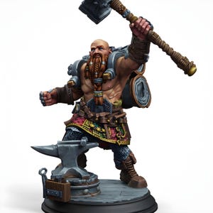 May include: A detailed figurine of a muscular dwarf, bald with a long red beard, raising a large hammer. He wears armor, a patterned kilt, and carries a backpack. An anvil sits at his feet, suggesting a blacksmith theme.
