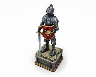 Estátua em miniatura de cavaleiro medieval blindado | Guarda com espada e escudo sobre pedestal | RPG D&D Pathfinder | Resina impressa em 3D