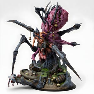 May include: A fantasy figurine of a monstrous creature with multiple limbs and a large, bulbous head. A warrior figure is chained to the creature. The base features skulls, barrels, and a small, grotesque figure.