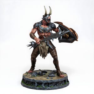 May include: A detailed figurine of a demonic warrior, standing on a stone base. The figure is clad in dark armor and holds a spiked weapon and shield. The warrior has horns, a menacing expression, and a muscular physique.