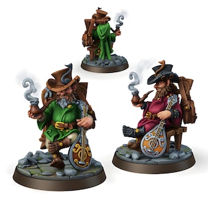 May include: Three miniature fantasy figures. One figure is standing, wearing a green robe and hat, holding a smoking pipe. Two figures are seated, one in green and one in red, each holding a mandolin and smoking a pipe. All figures are on stone bases.