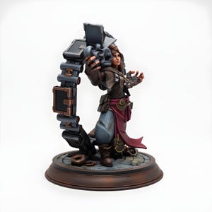 May include: A detailed figurine of a woman in a brown jacket and blue pants, with a red sash. She is standing in front of a circular, mechanical structure. The base is brown with a stone-like pattern. The figurine is painted with realistic details.