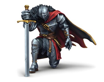 Miniatura de Cavaleiro Ajoelhado | Guerreiro Blindado com Espada Grande e Capa | Miniatura de Paladino para D&D | Pathfinder | Figura de Resina para RPG de Mesa