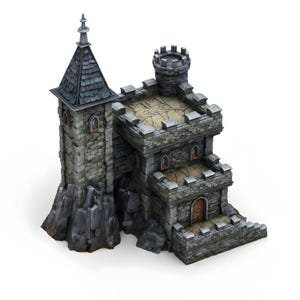 Puede incluir: Modelo en miniatura detallado de un castillo, con una torre alta y una torreta más pequeña. El castillo está construido con bloques de piedra gris, con ventanas arqueadas, una puerta de madera y un aspecto envejecido. El modelo está sobre fondo blanco.