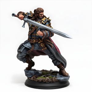 Miniatura de espadachín humano / Guerrero de combate dinámico con embestida / Miniatura de luchador de fantasía para DnD / Pathfinder RPG / Figura de resina de 28 mm y 32 mm