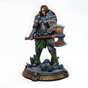 Female Elf Warrior Miniature | Battle Axe & Shield | Fantasy Barbarian Fighter | Scenic Rocky Base | 28mm 32mm Resin Figure