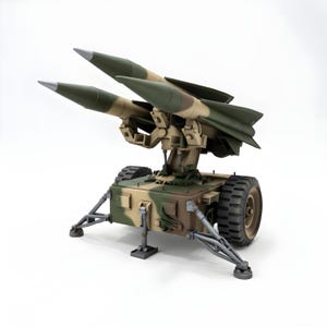 May include: A model of a military missile launcher. The launcher has two missiles with silver tips and a camouflage pattern. The base is also camouflaged with large tires and support legs. The background is white.