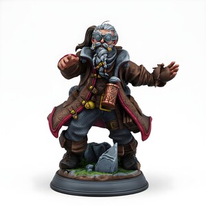 May include: A detailed figurine of a fantasy dwarf character. The dwarf wears a brown coat with red trim, goggles, and a long white beard. He stands on a base with rocks and grass, holding a small bird. The figure has a copper-colored container.