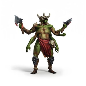Horned Demon Warrior Miniature | Four-Armed Demon with Battle Axes | DnD Boss Monster | Tabletop RPG | Resin Fantasy Mini
