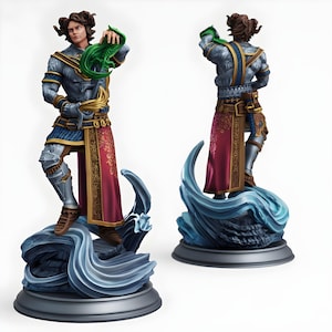 May include: A detailed figurine of a man in ornate armor, holding a small green dragon. The figure stands on a stylized wave base, with a red and gold patterned robe. The armor is silver and blue, with brown boots.