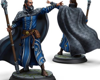 Human Wizard Miniature | Spellcaster with Staff & Cape | DnD Mage | Tabletop RPG | Pathfinder | 28mm 32mm Resin Fantasy Figure