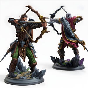 May include: Two detailed figurines of archers in action. One figure is clad in brown and green armor, drawing a bow with gold accents. The other figure, in red and silver armor, also aims a bow. Both stand on bases with rock formations.