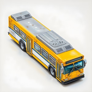 May include: A yellow city bus toy with a gray roof and black wheels. The bus has windows, doors, and a white and blue stripe along the side. The word "CITY" is visible on the front.