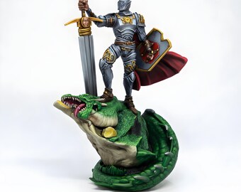 Miniatura de Cavaleiro Blindado sobre Base de Crânio de Dragão | Cavaleiro do Juramento Paladino | Figura de Herói de Fantasia para D&D | RPG de Mesa | Resina 28 mm 32 mm