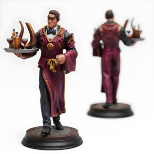 May include: A detailed figurine of a server holding a tray with wine glasses and bottles. The server wears a burgundy and gold outfit with a black bow tie. The figurine is on a round, dark base, with a second figurine in the background.