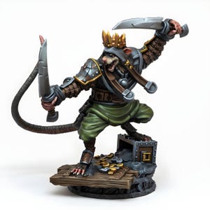 May include: A detailed figurine of a rat warrior, clad in armor and a crown, wielding two silver blades. The rat stands on a wooden platform with a treasure chest and gold coins, showcasing a fantasy theme.