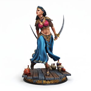 Miniatura de bailarina de espadas / Guerrera femenina con dos cimitarras / Juego de rol DnD Pathfinder / Figura de resina impresa en 3D / Modelo para juegos de mesa