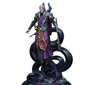 May include: A fantasy figurine of a male elf in a purple and gold robe, silver armour, and a staff. The figure stands on a swirling black base with purple accents. The elf has pale skin and white hair.
