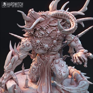May include: A detailed, light-colored fantasy figurine of a monstrous creature with horns, spikes, and a skull-adorned chest. The figure is posed on a circular base with candles. The Hardwitch Games logo is in the upper left corner.