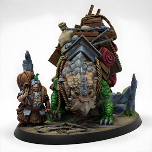 Bestia de carga gigante acorazada y miniatura de mercader / Montura de caravana fantástica con carga / Bestia de carga de DnD / Miniatura de Pathfinder