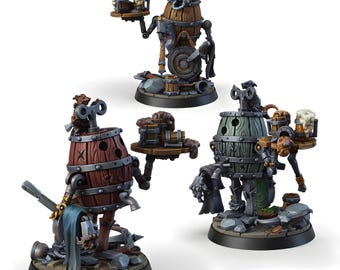 Clockwork Barrel Automaton Porter Miniature | Steampunk Tavern Construct Robot | DnD Mechanical Golem NPC | 28mm Tabletop RPG Resin