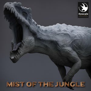 May include: A detailed, grey dinosaur sculpture with an open mouth, revealing sharp teeth. The sculpture has textured skin and is set against a dark background. The text "MIST OF THE JUNGLE" is at the bottom.