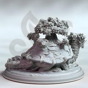 May include: A detailed, gray sculpture of a turtle with a tree growing on its back. The turtle's shell is textured, and the tree has detailed leaves. The sculpture is on a round base with a decorative border, showcasing a fantasy theme.