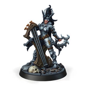 Miniatura de guerrero bardo drow / Elfo oscuro con armadura, guadaña y arpa / Máscara de calavera / DnD Pathfinder, juego de rol de mesa, resina impresa en 3D, 25-150 mm