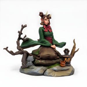 Seated Demon Queen Miniature | Oni Shrine Maiden Resin Figure | Anime Fantasy Figurine | Horned Female Spellcaster Scenic Base