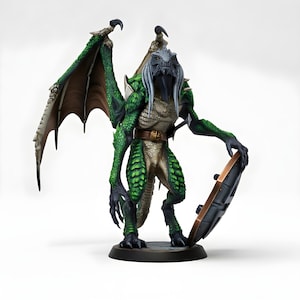 Green Abishai Miniature | Winged Dragon Fiend with Shield | DnD 5e Monster | Pathfinder | 28mm Fantasy Resin Tabletop Figure