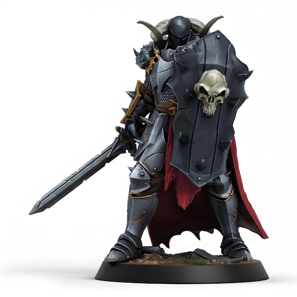Miniatura de Caballero del Caos / Guerrero acorazado con cuernos, espada y escudo de calavera, de fantasía oscura / Juego de rol de mesa DnD Pathfinder Wargaming