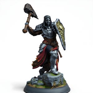 Warforged Cleric Miniature | Armored Paladin with Warhammer and Shield | DnD 5e Pathfinder Tabletop RPG | 3D Printed Resin