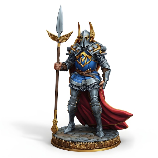 Miniatura de caballero elfo con yelmo alado / Guardia con lanza blindada y capa ondeante / Miniatura de paladín para DnD / Juego de rol de mesa / Figura de resina de 28 mm