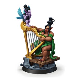 Elf Bard Miniature with Harp & Fairy | Seated Female Musician | DnD Pathfinder RPG | Fantasy Tabletop Mini | 3D Printed Resin