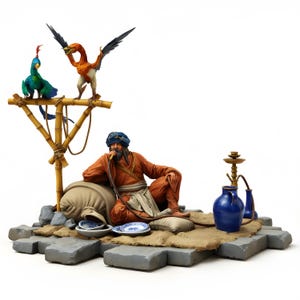 May include: A detailed figurine depicting a seated figure in orange robes and a blue turban, smoking a hookah. Two colorful bird figures perch on a bamboo structure. Blue vases and small plates are also present, creating a scene.