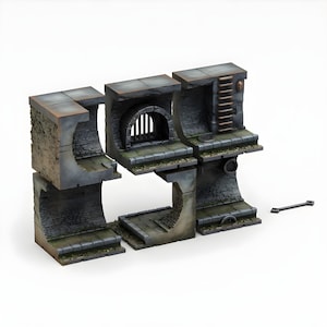 May include: Modular, gray-toned miniature sewer system with arched openings, brick textures, and a ladder. The set includes multiple pieces, a grate, and a small, black, rectangular piece. Ideal for tabletop gaming or model building.