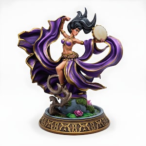 Demon Dancer Miniature | Tiefling Bard with Tambourine | Resin Figure | Fantasy Tabletop | Horned Temptress | 28mm 32mm 75mm