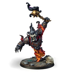 May include: A detailed miniature figure of a fiery demon, holding a spiked mace aloft. The figure is predominantly red and orange, with metallic armor and a skull-like face. It stands on a stone base, showcasing intricate details.
