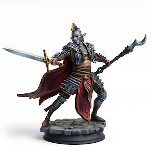 May include: A detailed figurine of a warrior in silver armor, a red cape, and a helmet with a gold crest. The warrior holds a sword in one hand and a staff in the other. The figurine stands on a stone-like base.