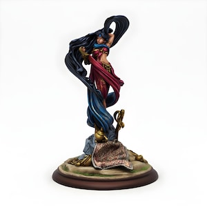 Miniatura de hechicera Djinn / Bailarina de danza del vientre fantástica con bastón lunar y alfombra mágica / Juego de rol de mesa DnD Pathfinder / Figura de resina de 32 mm